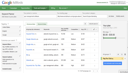 Google keyword planner seo tool