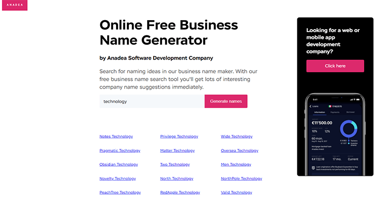 Anadea free online business name generator