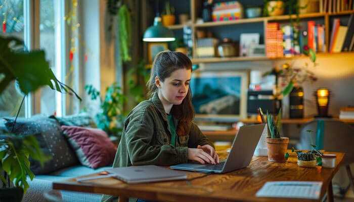 A young woman working remotely on her laptop in a cozy home office, surrounded by plants and books, representing the flexibility of the future of remote work