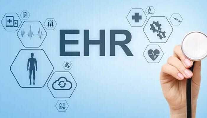 Electronic health records with medical icons, stethoscope, and symbols representing ehr systems for healthcare.