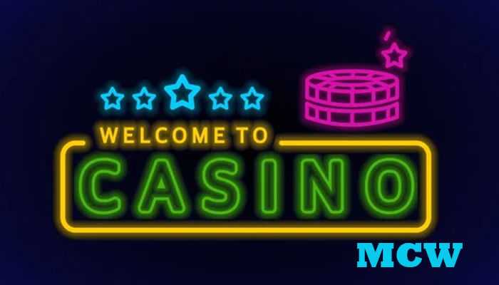 Neon signs that welcome words, surrounded by stars and casino chips with the mcw casino app logo in the bottom right corner of each.