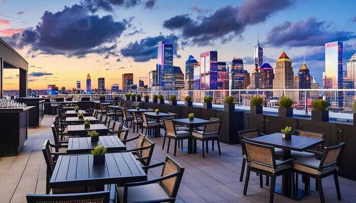 Rooftop dining area with a stunning cityscape view at sunset or dusk most likely from a major metropolitan city which doesnt directly relate to a car rental in riyadh