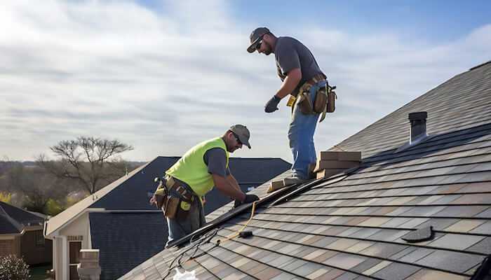 Two members are working on roof replacement and wearing safety tools and a safety jacket, with a blue sky in the background.