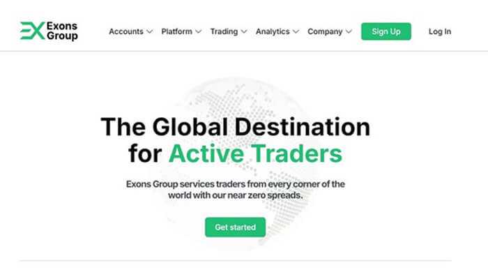 Exons group home displays'The Global Destination for Active Traders', with a green 'Get started' button.