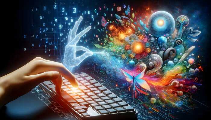 Ai-generated digital art: a hand pressing the keyboard, creative abstract elements splash into the air.