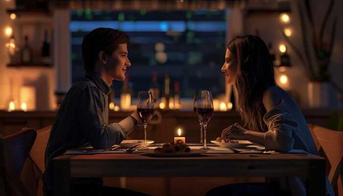 A boy girl and girl are sitting in chairs around table and food and three glasses of drink at a quick dating event.