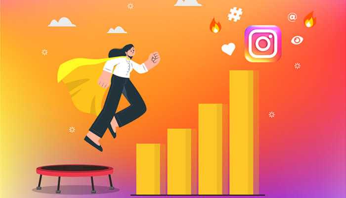 An illustration of a caped woman trampolining toward rising bar graphs, represents instagram growth.