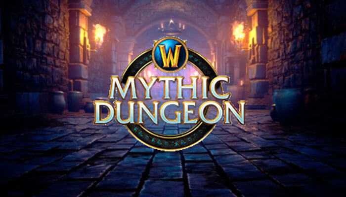 World of warcraft mythic+ dungeon logo displayed in a dimly lit dungeon setting.