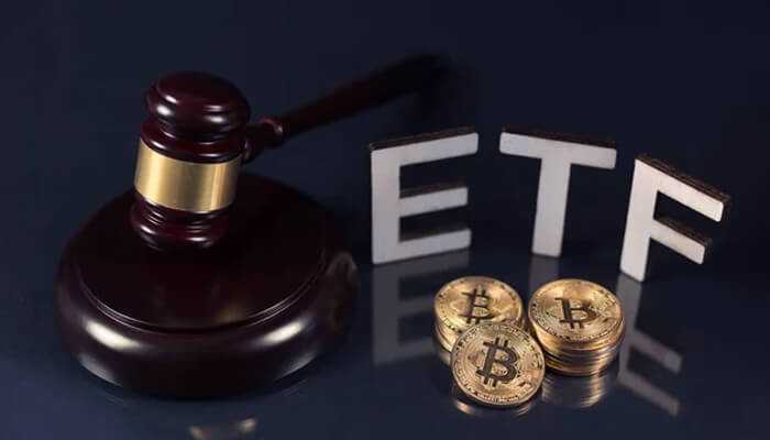 A judge gavel beside stacks of bitcoin etfs, symbolizing the regulatory landscape and investment potential of bitcoin exchange-traded funds.