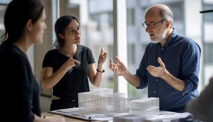 Group of real estate professionals discussing architectural models and mapping tools in a collaborative office setting.