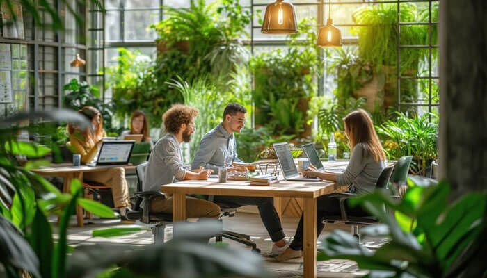 A modern, biophilic office space showcasing smart workplace solutions, with employees collaborating at a desk surrounded by greenery and natural light for enhanced productivity and well-being.