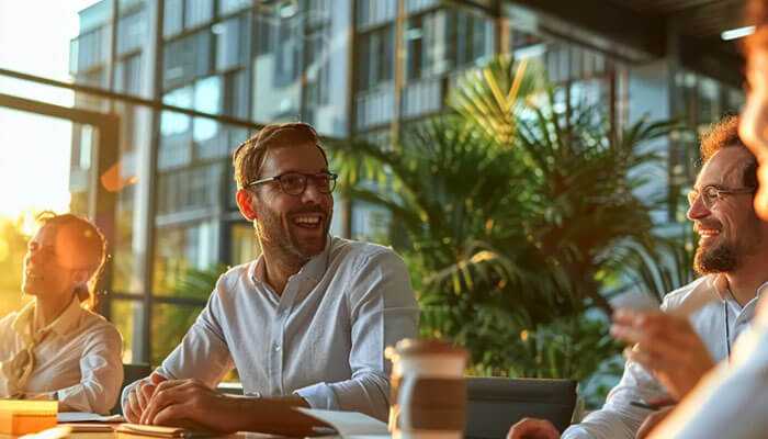 A group of colleagues enjoying a lighthearted meeting in a bright, modern office setting, highlighting team collaboration and the benefits of proposal management software for enhancing productivity and efficiency