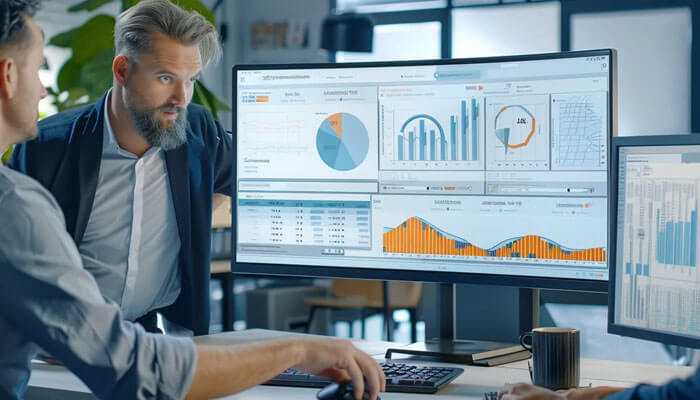 Two professionals analyzing charts on a screen, using proposal management software to track sales performance and improve efficiency.