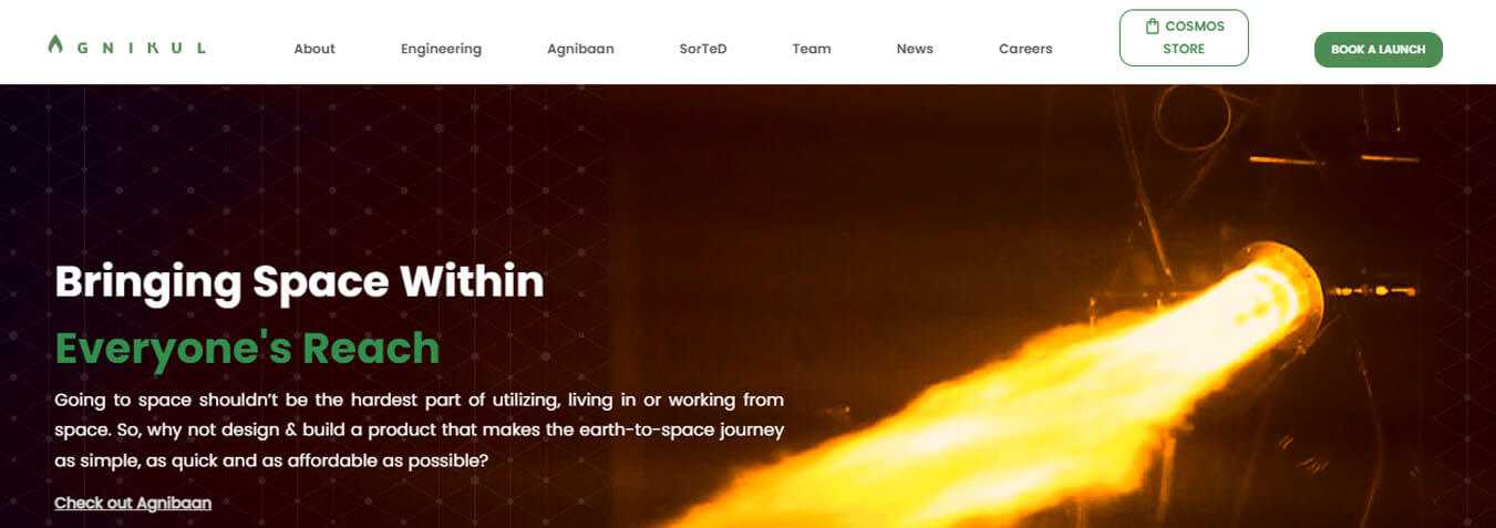 Agnikul homepage, depicting the mission of making space travel less expensive with its innovative designs.