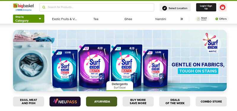 Big basket e-store featuring surf excel brands of detergents along with other categories such as groceries, tea, ghee, and many more.