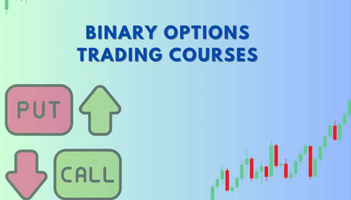 Illustration of binary options trading courses with put and call icons, with a financial chart showing an uptrend.