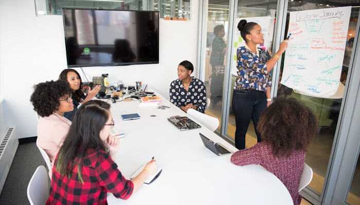 Team brainstorming on the power of automation, with a presenter sharing ideas on a flip chart, symbolizing collaboration and strategy in a business setting