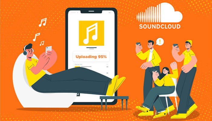 Illustration of a musician uploading a track on soundcloud, with friends eagerly engaging on their phones, symbolizing the anticipation and engagement generated by buying soundcloud plays to boost visibility and audience interaction