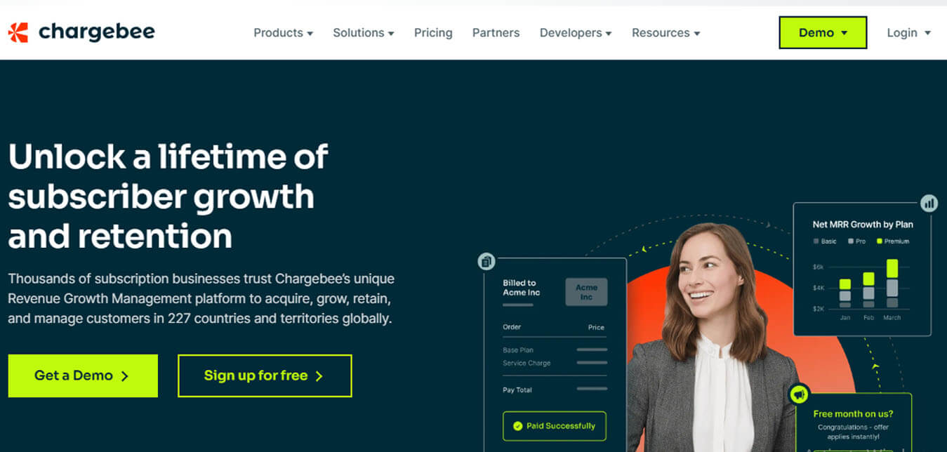 Chargebee homepage highlighting tools for global subscription growth and retention, with demos and free sign-up options.