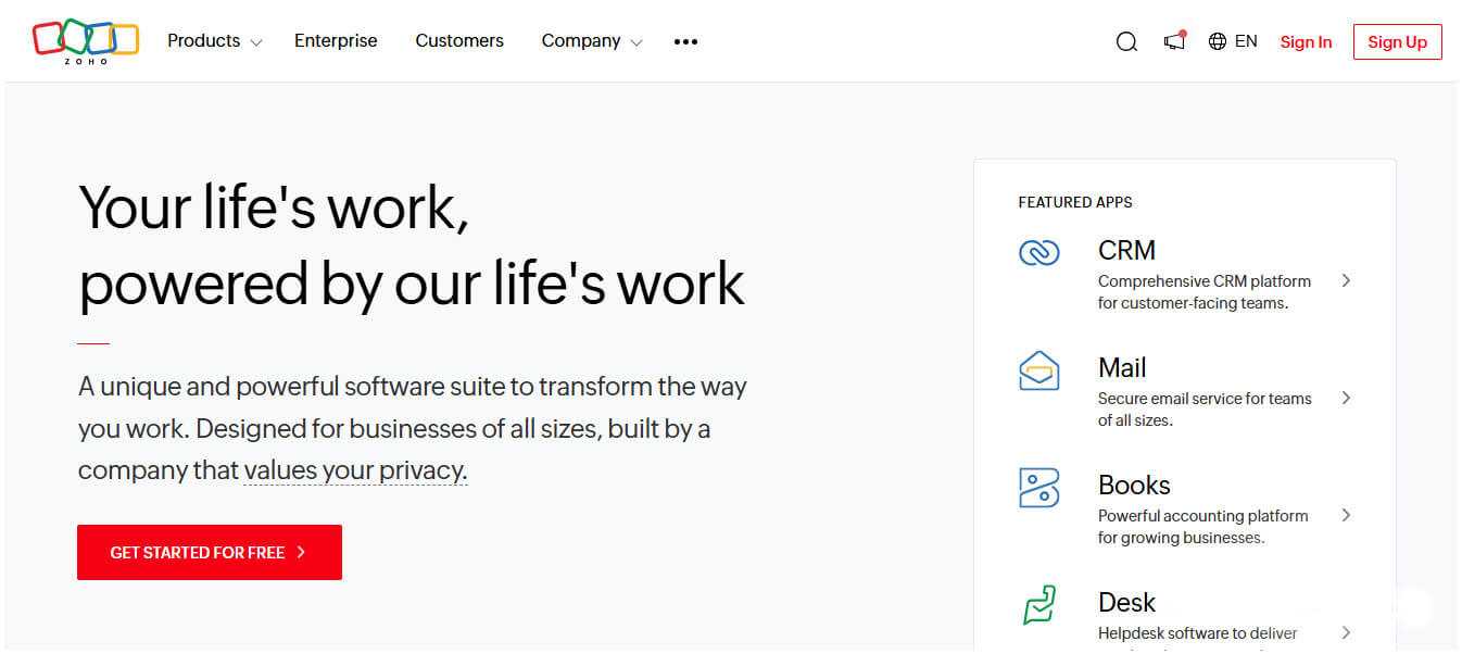 Zoho homepage offering a software suite with crm, mail, books, and desk for businesses, emphasizing productivity and privacy.