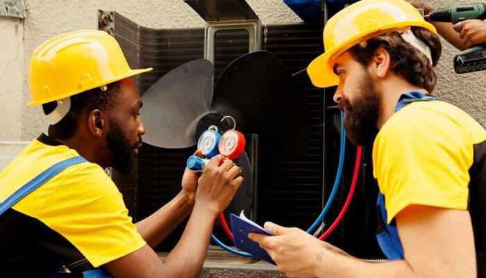 Two professional hvac technicians in safety gear working together, demonstrating the benefits of hiring a professional for hvac services