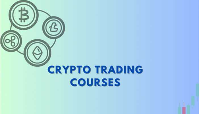 Crypto trading courses: bitcoin, ethereum, ripple, and litecoin icons with a rising trend chart on a gradient background.