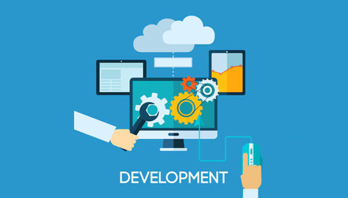 Illustration of a development concept with gears, cloud, and tools on a screen that symbolizes how to hire drupal developers.