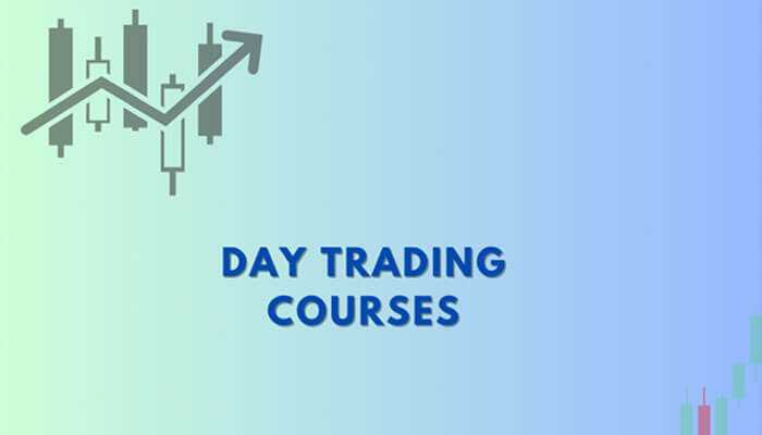 Day trading courses: trend-up arrow over a candlestick chart with a gradient background and a chart of a financial market.