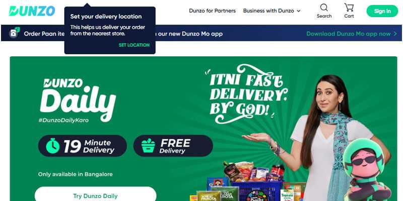 Dunzo homepage highlighting fast delivery services and daily essentials in bangalore.