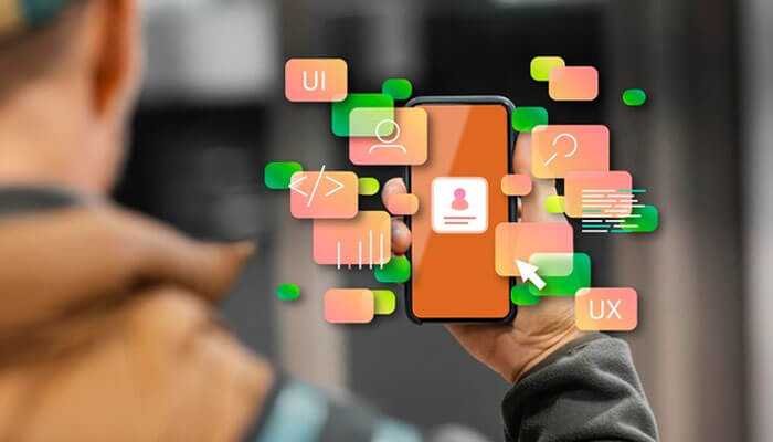 Person holding a smartphone with floating ui and ux icons, symbolizing user-centric design and the importance of user experience in product development