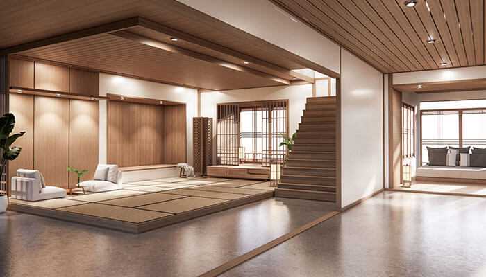 Modern japanese interior with tatami, wood, and minimalist design-perfect for interior design studies.