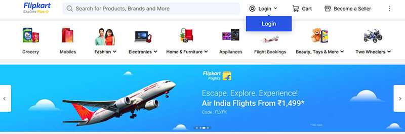 Flipkart homepage, offering everything from groceries to fashion, electronics, and flight bookings.