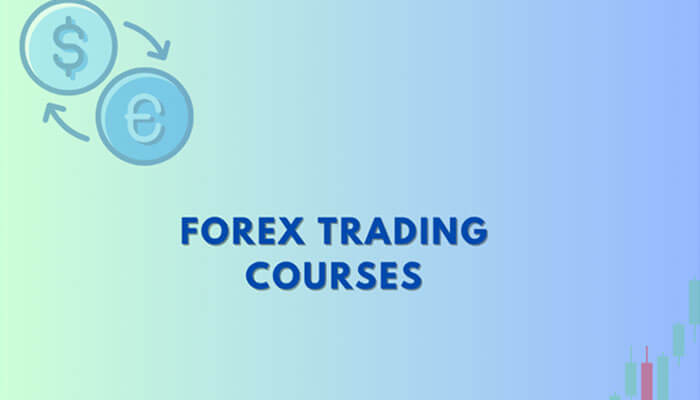 Forex trading courses: dollar and euro icons with exchange arrows on the gradient background, with a rising trend chart.