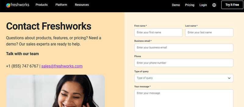 Contact us freshworks contact page showcasing customer support inquiry form and sales assistance contact details