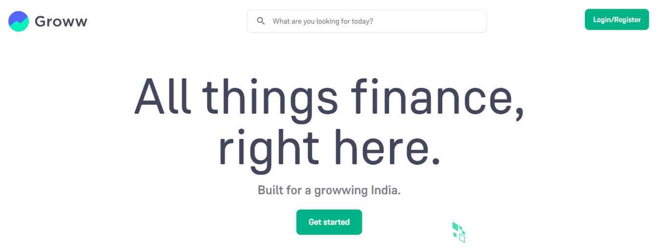 Groww homepage promoting financial services for investments and savings in india.