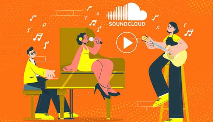 Illustration of musicians performing with soundcloud branding, symbolizing buying soundcloud plays to boost music visibility and audience growth