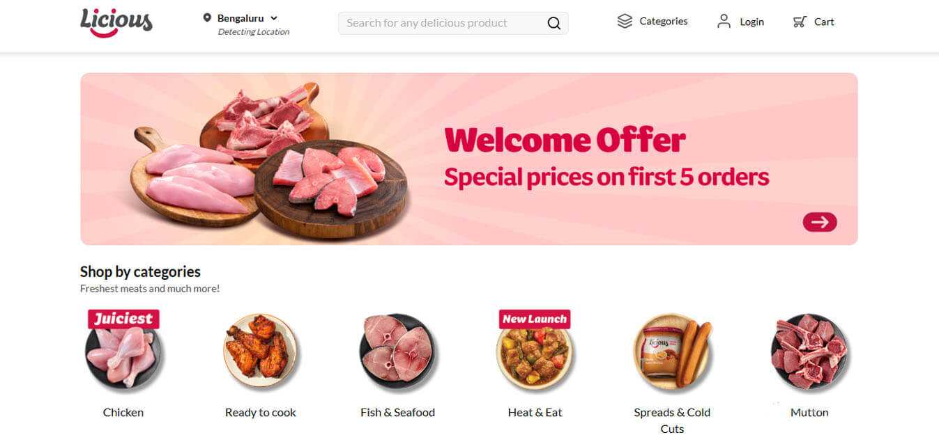 The licious homepage with a special welcome offer and fresh meat and seafood categories.