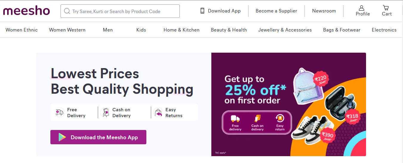Meesho platform for budget-friendly online shopping with free delivery, cash on delivery, and easy return.