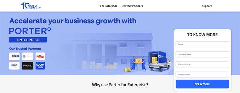 Porter enterprise services offering customized solutions on logistics and delivery with trusted partners.