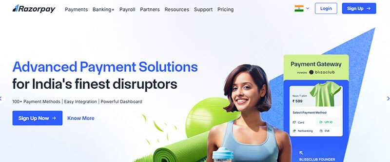 The razorpay homepage shows advanced payment solutions for business users in india.