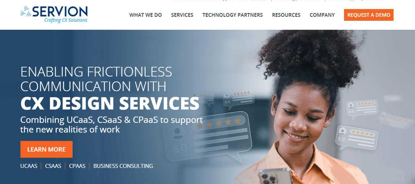 Servion website with cx design services that enable frictionless communication through ucaas, csaas, and cpaas.