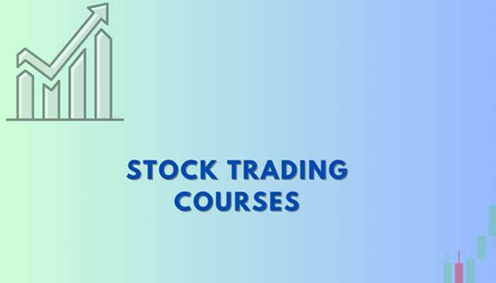 Stock trading courses: rising bar graph icon with an upward arrow on the gradient background and financial chart trend.