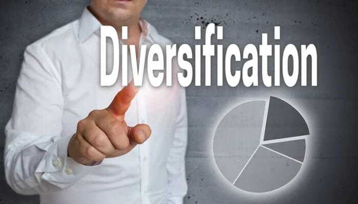 A person pointing at the word diversification, with a pie chart symbolizing the strategies of portfolio diversification.