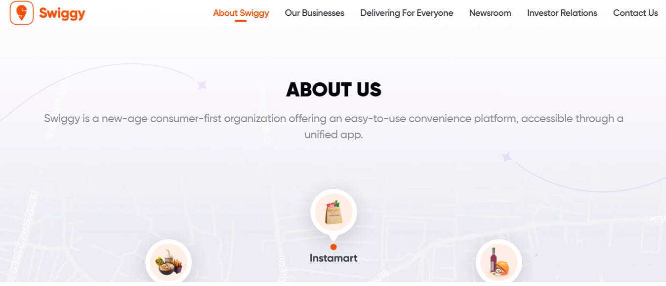 Swiggy about us page, showcasing its convenience platform for food delivery and grocery service on one app.