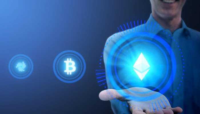 A person holding a glowing ethereum symbol, with bitcoin and other icons in the background, illustrating token utility in cryptocurrency.