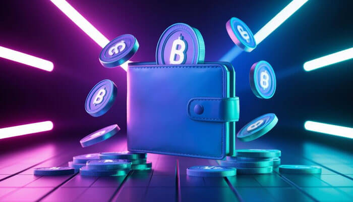 Digital illustration of a web3 wallets surrounded by cryptocurrency coins, representing secure storage, decentralized finance, and digital asset management in a futuristic, neon-lit environment