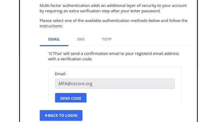 Ictfax multi-factor authentication screen with email, sms, and totp options, showing email verification via mfa.