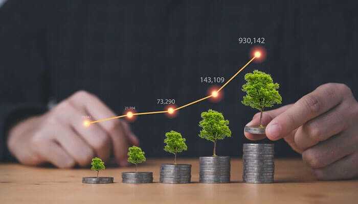 Stacks of coins with small trees growing on top, symbolizing micro-investing and financial growth, with a hand placing a larger tree on the tallest stack and an upward trend line displaying growth figures