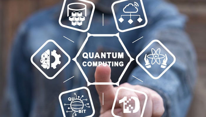 A person pointing at a futuristic interface with quantum computing in finance in the center, surrounded by icons representing qubits, algorithms, cloud computing, and atomic structures.