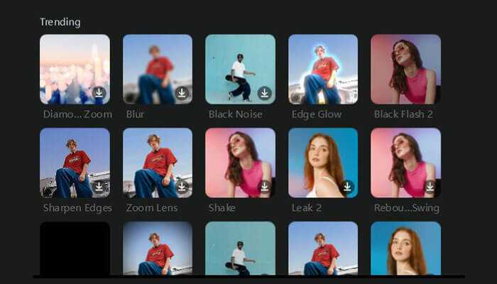 A selection of trending video effects in the capcut interface, showcasing various styles such as blur, zoom, and color enhancements.
